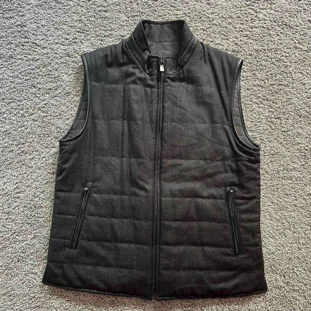 Corneliani ID Reversible Vest Size 50 R Gray Black Herringbone Wool Quilted